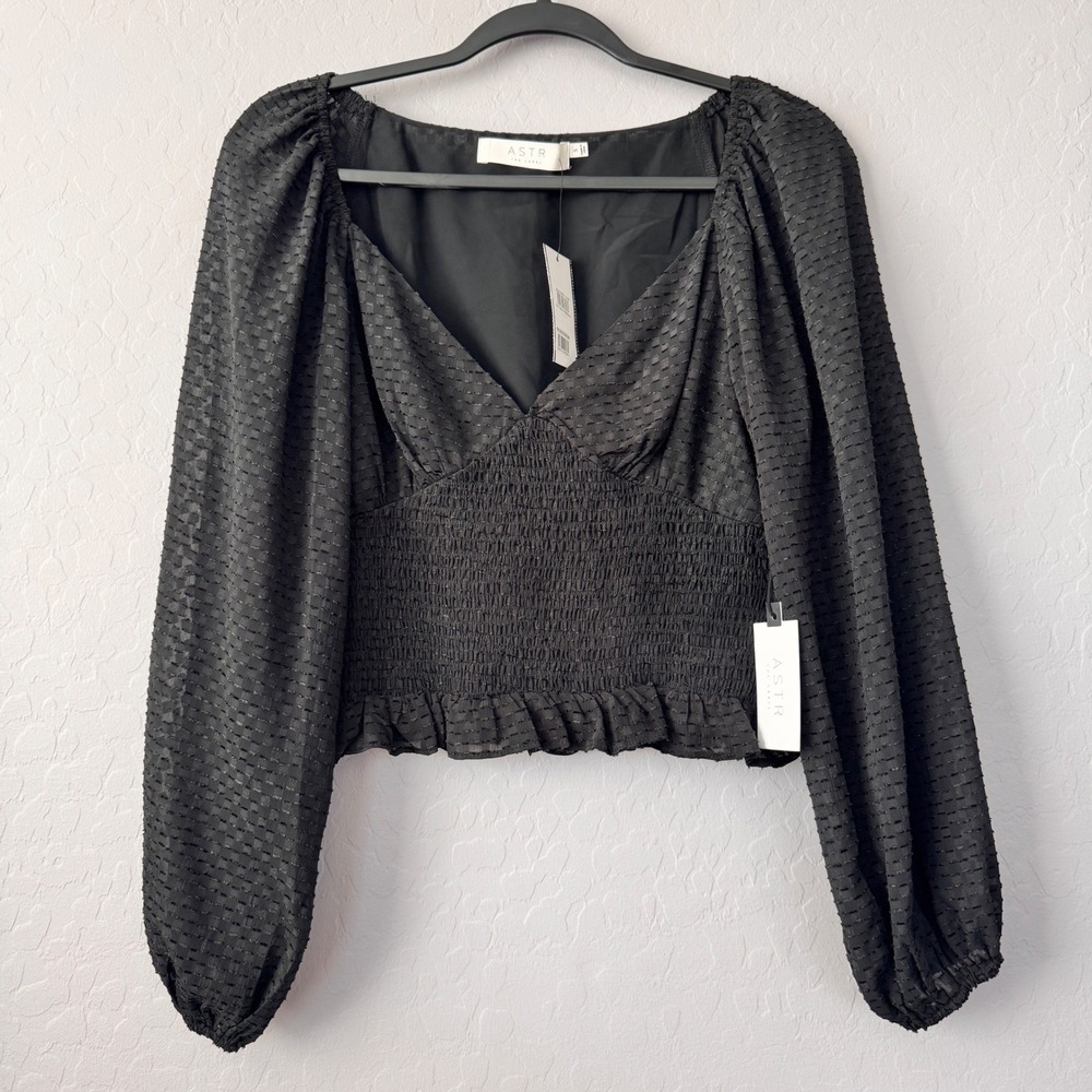 NWT ASTR the Label Small Black Long Sleeve Smocked Ruffle Hem Top